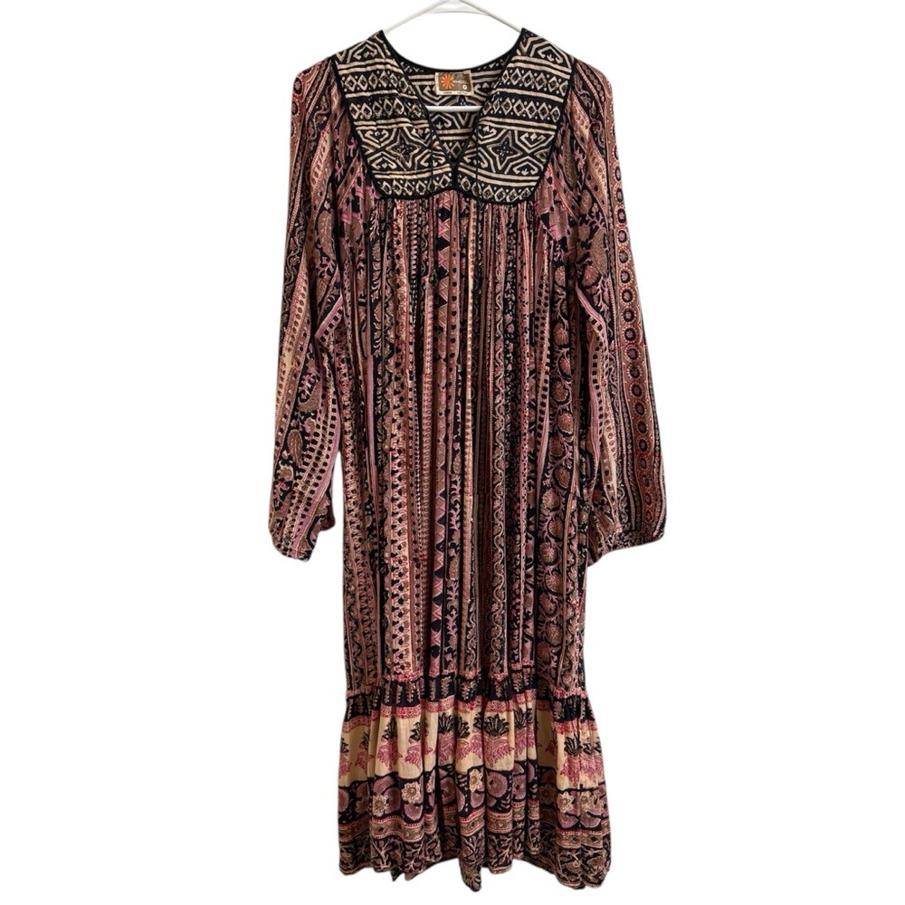 Vintage 1970s Phool Womens Size S Indian Block Print Cotton Boho Maxi Dress
